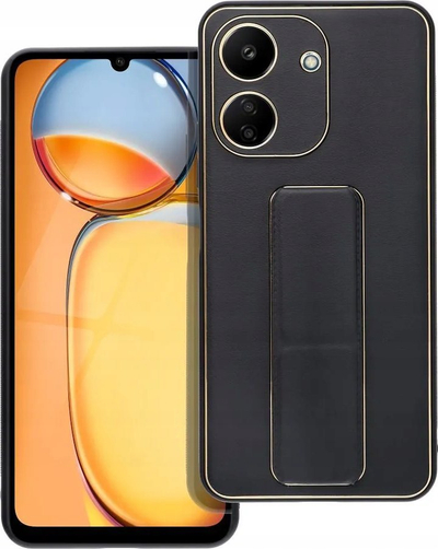 Futera telefoni me Leather Kickstand për Xiaomi Redmi 13C Poco C65, lëkurë sintetike, me këmbë mbështetëse, e zezë