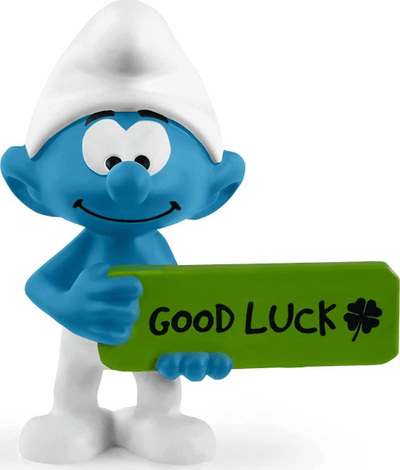 Figurinë SCHLEICH Lucky Smurf 20829, koleksion, me tabelë GOOD LUCK, blu e bardhë