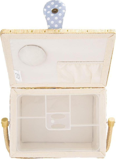 Kuti organizuese për qepje, druri me tekstil, 30x23x16 cm, blu me pika të bardha