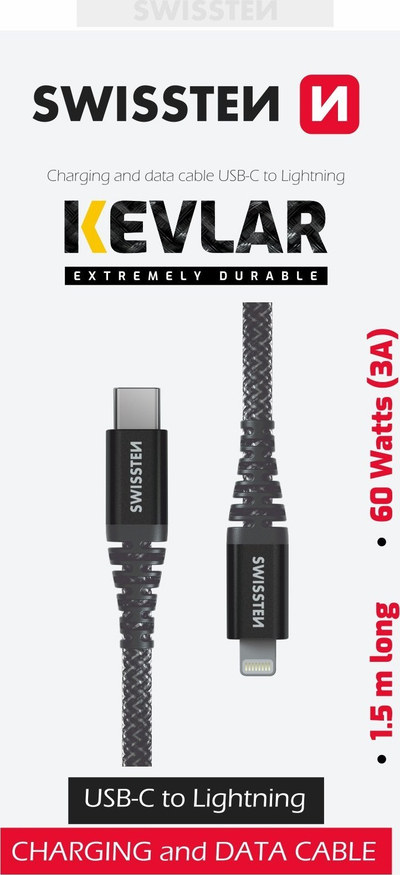 Kabllo USB Swissten Kevlar, USB C në Lightning, 1.5m, 60W, antracit