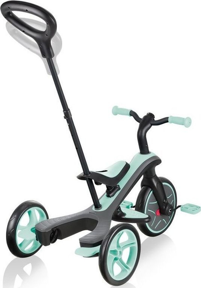 Tricikël për kalamaj Globber Explorer 4‑në‑1, me mbështetëse koke, me çati kundra rrezeve UV, ngjyrë mint jeshile