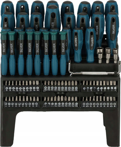 Set kaçavidash 100 copë, me bit-a dhe ratchet, ngjyrë argjendi