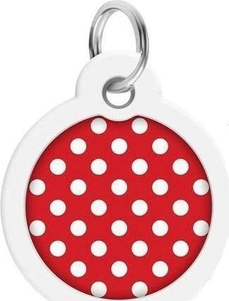 Medaljon identifikimi ID Tag, me QR kod, për qen edhe mace, i kuq me pika të bardha