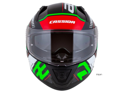 Kaskë moto CASSIDA Aero Drome 2026, integrale, vizor dielli, e zezë metalike kuqe gjelbër bardhë
