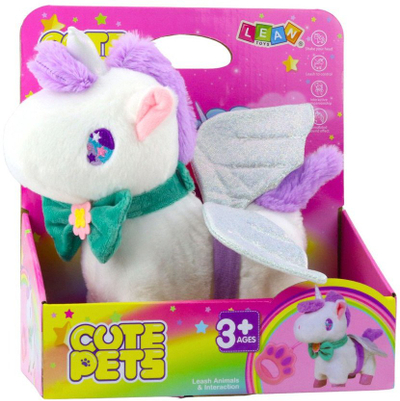 Lodër pelushi unicorn interaktiv, me litar për shëtitje, me tinguj galopi, e bardhë