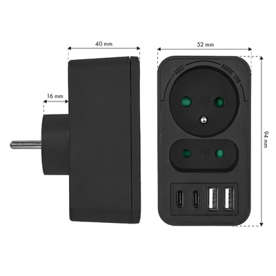 Shpërndarës rryme Maclean MCE249 F/B, 2x prizë, 4x USB PD 20W, i zi