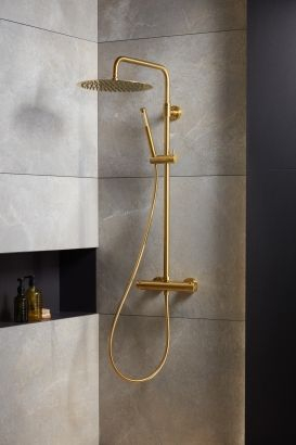 Set dushi KFA Moza Premium, kolonë dushi me termostat, PVD gold i furçuar