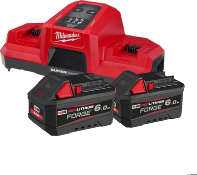 Set baterish me karikues Milwaukee FORGE M18, 2x 6.0Ah 18V, karikues i dyfishtë, i kuq e zi
