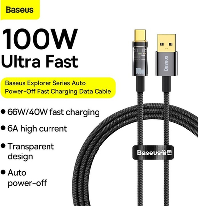 Kabllo Baseus Explorer Series USB-A - USB-C, 100W, 1m, e zezë