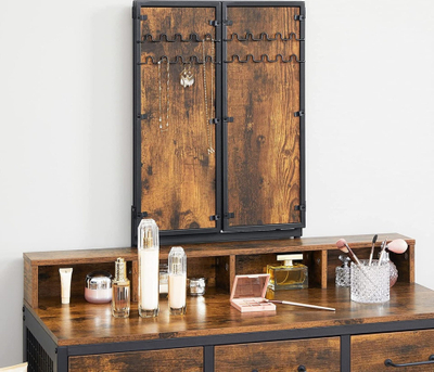 Tavolinë tualeti rustike Cosmetic Dressing Table, pasqyrë e madhe palosëse, 3 sirtarë, me stol, kafe