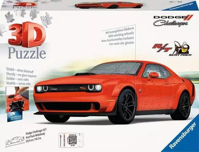 Puzzle 3D Ravensburger 11284 Dodge Challenger R/T, 108 copa, model makine, portokalli
