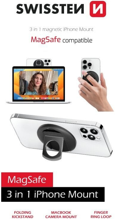 Mbajtës telefoni Swissten 3n1 MagStick, për iPhone, MagSafe, i zi