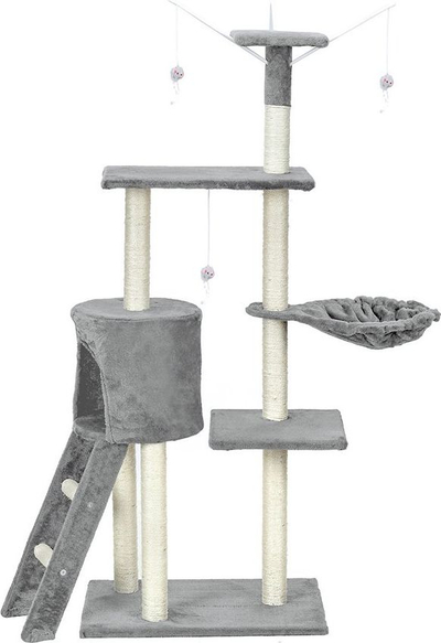 Pemë loje për mace Funfit Cat Scratch Post XL 1808, me lodra të varura, me litar sisali, gri