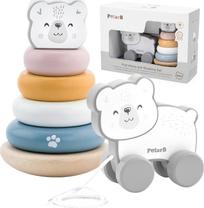 Lodër druri PolarB Polar Bear, tërheqëse me rrota, piramidë unazash, shumëngjyrëshe