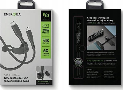 Kabllo Energea Cable Flow USB-C në USB-C, 1.5m, 240W 5A PD, i zi