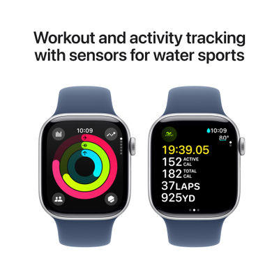 Apple Watch Series 10 GPS, 42mm, Silver Aluminum Case with Denim Sport Band, M/L