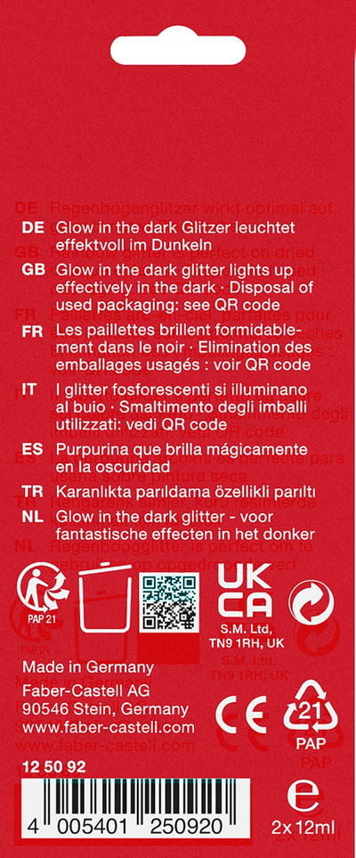 Ngjyrë me shkëlqim Faber-Castell Glitter Glow in the Dark, set 2x 12ml, që ndrit në errësirë