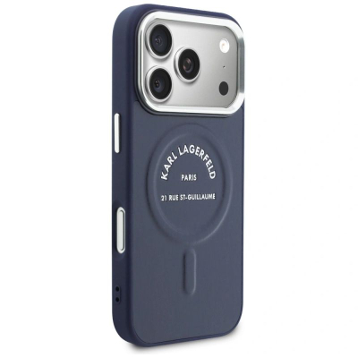 Këllëf telefoni Karl Lagerfeld Karl RSG Logo MagSafe, për iPhone 17 Pro, eko lëkurë, blu