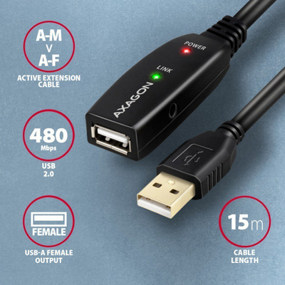 Активен продолжувачки USB кабел Axagon ADR-215, USB A во USB A, 15 m, црн