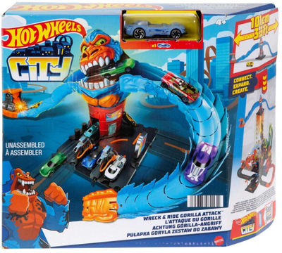 Set loje Hot Wheels Wreck and Ride Gorilla Attack, pistë gare me stacion karburanti, vjen me makinë 1:64, shumëngjyrësh