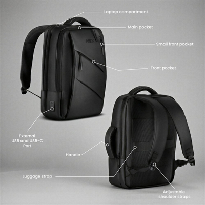 Çanta shpine Nils Extreme NC4502 për laptop, me USB, 15L, e zezë