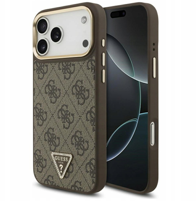 Mbulesë telefoni Guess 4G Magsafe për iPhone 17 Pro Max, PU lëkurë, kornizë metalike kamere, kafe