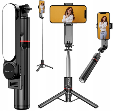 Селфи стап со трипод Proove Selfie Lume 1110 mm, LED осветлување, Bluetooth, црн