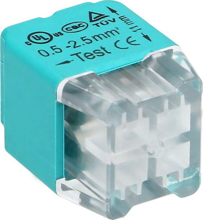 Lidhës elektrik push-in, 4 tela dy rreshta, 0.75-2.5mm², paketim 10 copë, ngjyrë e kaltër