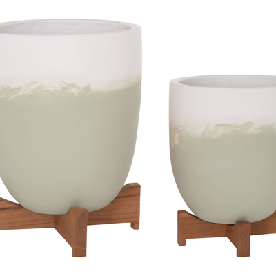 Set vazo dekorative HomeMarkt SEON HM4686.09, terrakotë, bazë dru teak, e bardhë me jeshile