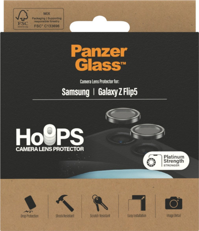 Mbrojtës kamere PanzerGlass Hoops për Samsung Galaxy Z Flip5, xham i fortë, rezistent ndaj gërvishtjeve, i zi