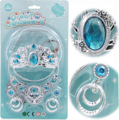 Сет накит за деца ADAR Beauty 514447, дијадема принцеза, ѓердан и обетки, сребрена со сини камчиња