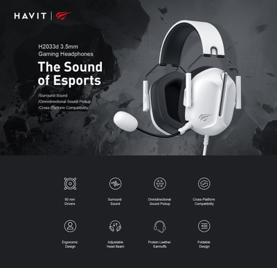 Kufje gaming HAVIT HV-H2033D, over-ear, me mikrofon boom, të bardha