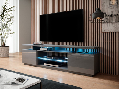 Kredencë TV Cama Meble Eva, 180x40x56 cm, PAL MDF, gri me shkëlqim
