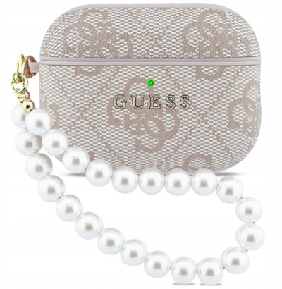 Këllëf kufjesh Guess 4G Pearl Strap për AirPods Pro 3, me rrip perlash, rozë