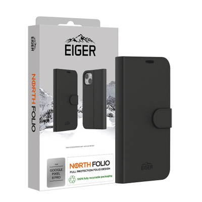 Këllëf telefoni Eiger North Folio për Google Pixel 8 Pro, me kapak portofol, me qëndrim, i zi
