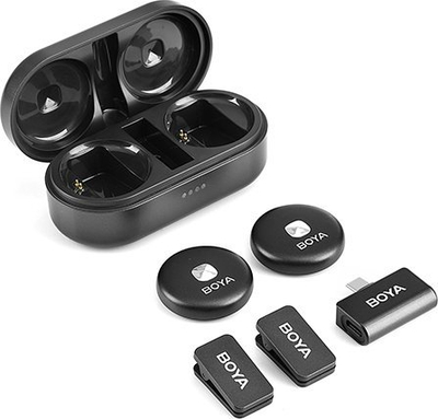 Mikrofon lavalier pa tela BOYA Omic D/U, për iPhone, iPad, Android Type C, me kuti karikimi, i zi