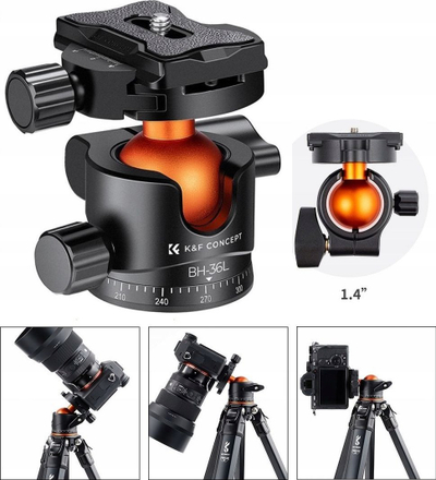 Kokë tripodi K&F Concept 36mm Metal Ball Head, rrotullim 360°, pllaka e shpejtë 1/4", e zezë