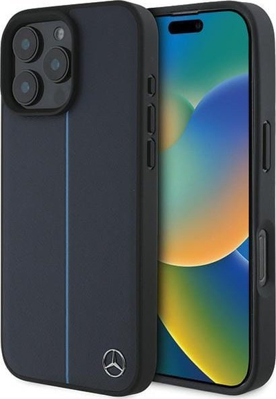 Mbrojtëse telefoni Mercedes Blue Line për iPhone 16 Pro Max, lëkurë, MagSafe, blu navy