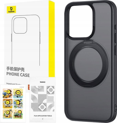 Këllëf telefoni Baseus SkyRing për iPhone 15, me këmbëz 360°, xham i fortë, i zi