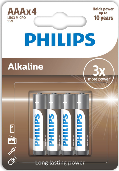 Bateri alkaline Philips AAA LR03, 1.5V, pako me 4 copë