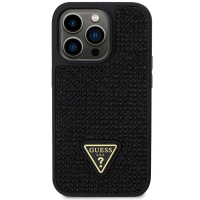 Kapak telefoni Guess Rhinestones Triangle Logo për iPhone 14 Pro, poliuretan i butë, i zi