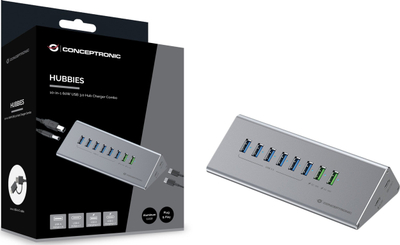 Hub USB Conceptronic HUBBIES18G, 10 në 1, 60W, USB 3.0, gri