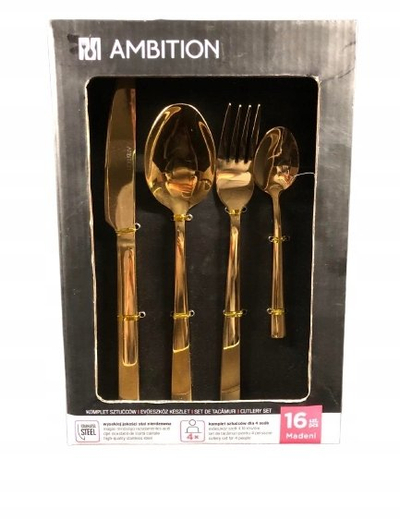 Set lugë e pirunë Ambition Madeni, 16 copë, çelik inox, ngjyrë ari