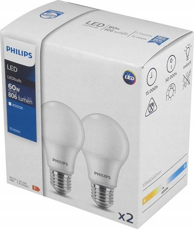 Set llamba LED Philips E27 A60, 8W 806lm, 4000K, të bardha