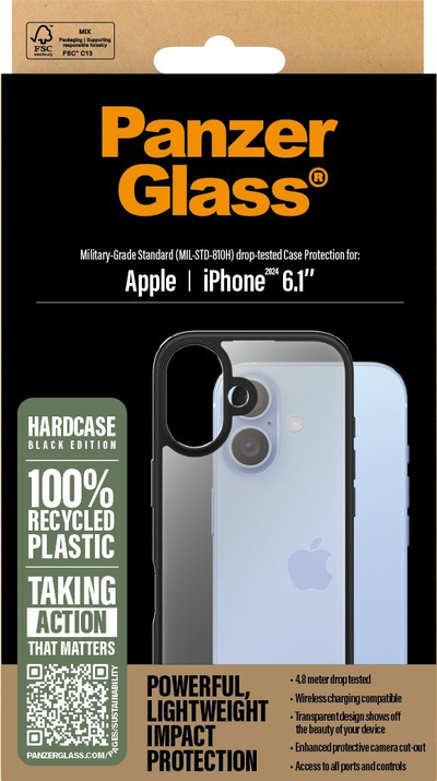 Mbështjellëse PanzerGlass HardCase për iPhone 16, e fortë, e zezë