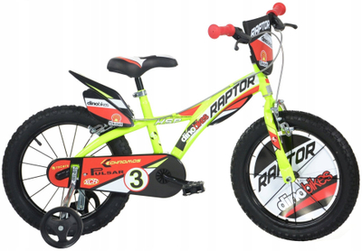 Biçikletë për fëmijë Dino Bikes Raptor 14", me rrota ndihmëse, për djem, shumëngjyrëshe