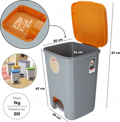 Kosh plehrash Curver ESSENTIALS, 20L, me pedale, gri me kapak portokalli