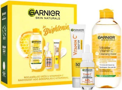 Seti përfshin Ujë Micelar 400 ml, Serum zbardhues 30 ml dhe Fluid me vitaminë C Garnier, 40 ml