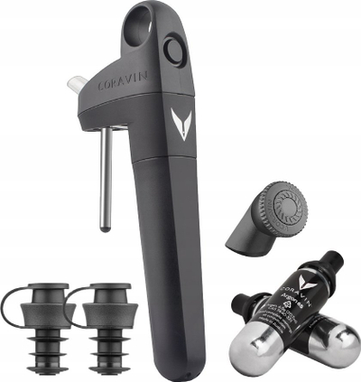 Set për ruajtje vere Coravin Pivot Plus, sistem me gaz për me e mbajt verën, me aerator brenda, i zi