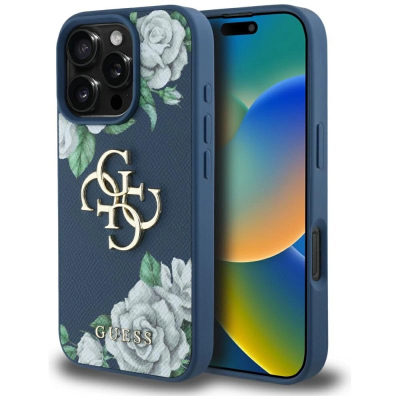 Mbrojtëse telefoni Guess Grained Roses Big 4G Logo për iPhone 16 Pro, kapak mbrapa, blu